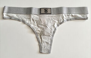 Victoria's Secret V String Panty Heather Gray Bling Shine Logo Waistband Nwt